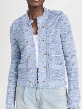 Light Blue Frayed Tweed Jacket - Women’s Blazer